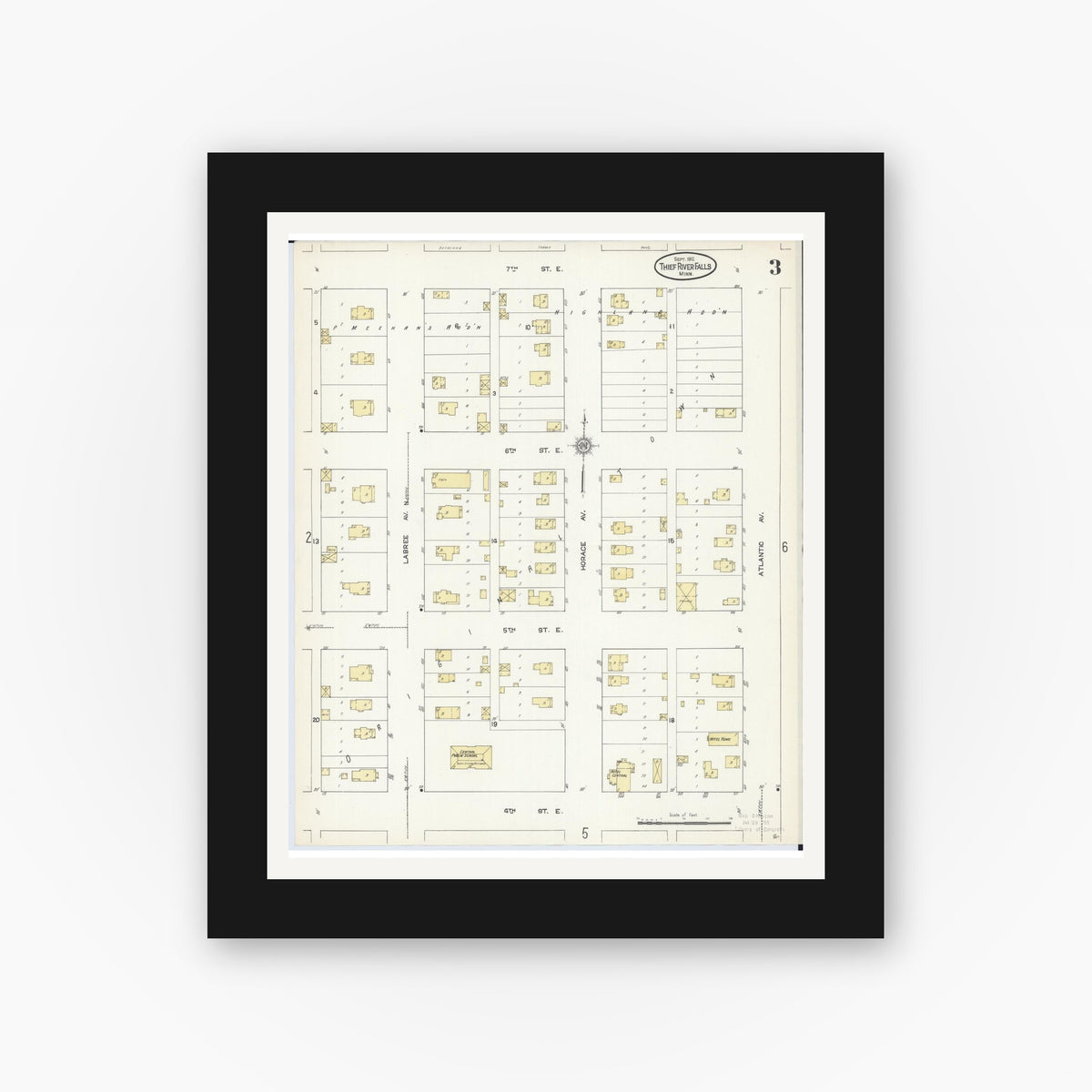 Old map wall art mockup — black gallery frame with white mat — Sanborn Fire Insurance Map from Thief River Falls, Pennington County, Minnesota (1912), Sheet #0003