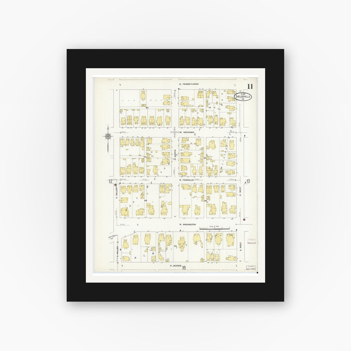 Old map wall art mockup — black gallery frame with white mat — Sanborn Fire Insurance Map from Shelbyville, Shelby County, Indiana (1910), Sheet #0011