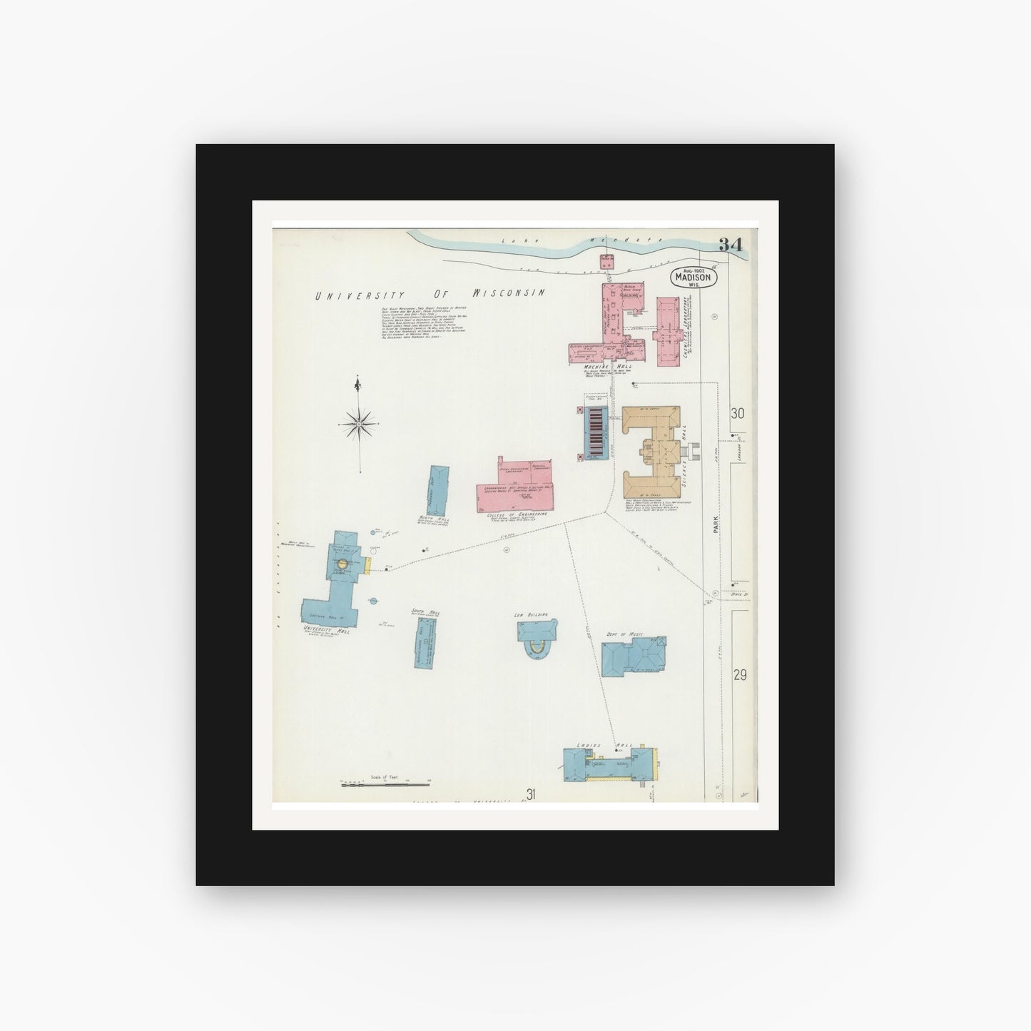 Old map wall art mockup — black gallery frame with white mat — Sanborn Fire Insurance Map from Madison, Dane County, Wisconsin (1902), Sheet #0034