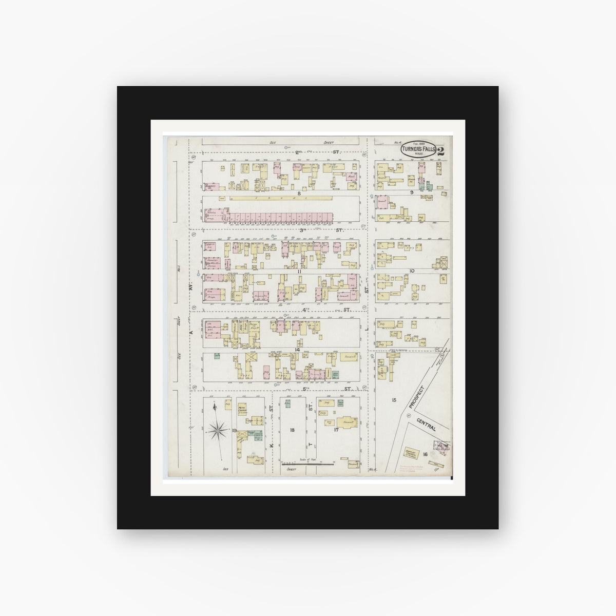 Old map wall art mockup — black gallery frame with white mat — Sanborn Fire Insurance Map from Turners Falls, Franklin County, Massachusetts (1889), Sheet #0002