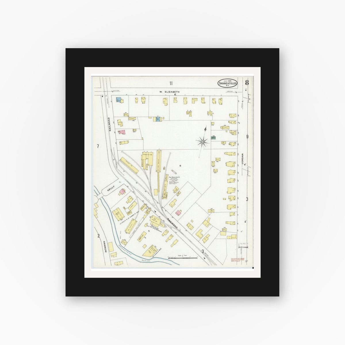 Old map wall art mockup — black gallery frame with white mat — Sanborn Fire Insurance Map from Skaneateles, Onondaga County, New York (1909), Sheet #0008