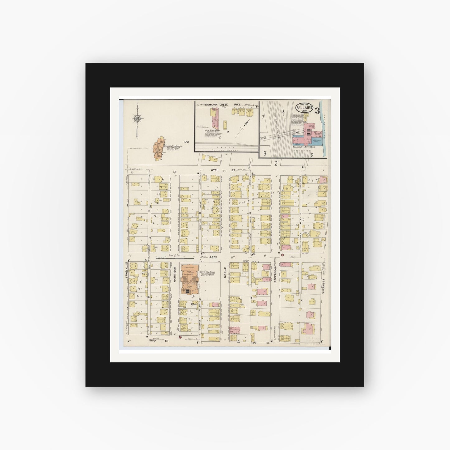 Old map wall art mockup — black gallery frame with white mat — Sanborn Fire Insurance Map from Bellaire, Belmont County, Ohio (1915), Sheet #0003