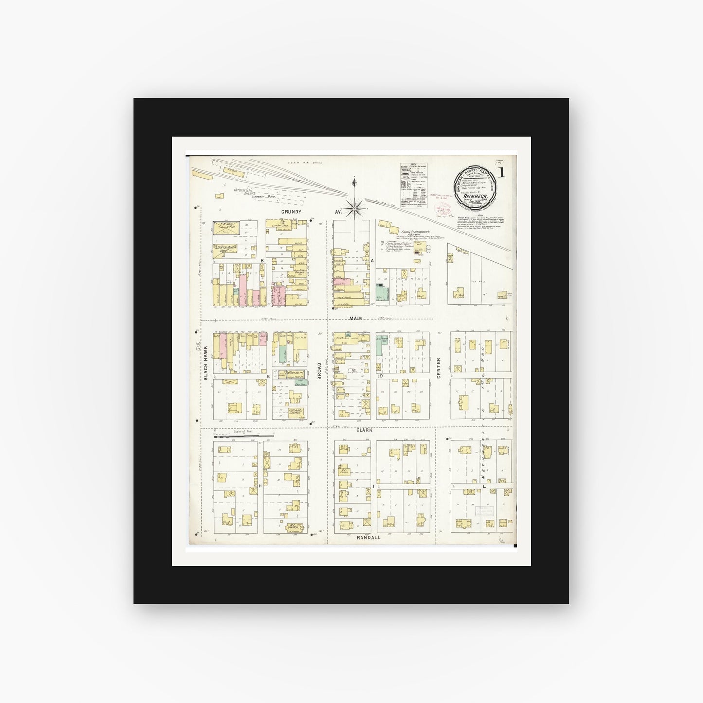 Old map wall art mockup — black gallery frame with white mat — Sanborn Fire Insurance Map from Reinbeck, Grundy County, Iowa (1895) — Complete Set