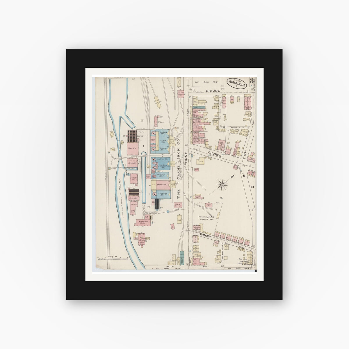 Old map wall art mockup — black gallery frame with white mat — Sanborn Fire Insurance Map from Catasauqua, Lehigh County, Pennsylvania (1885), Sheet #0003