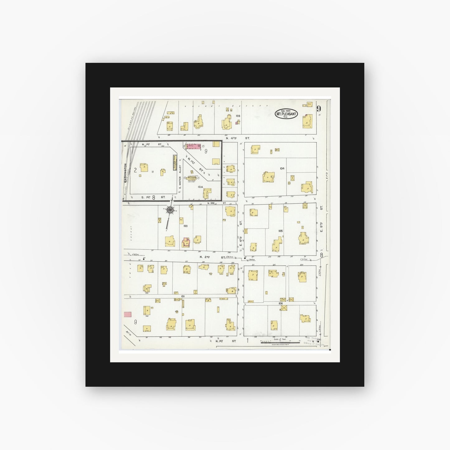 Old map wall art mockup — black gallery frame with white mat — Sanborn Fire Insurance Map from Mount Pleasant, Titus County, Texas (1920), Sheet #0009