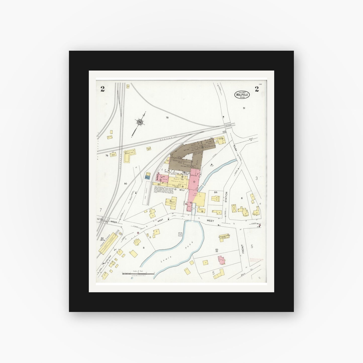Old map wall art mockup — black gallery frame with white mat — Sanborn Fire Insurance Map from Walpole, Norfolk County, Massachusetts (1927), Sheet #0002