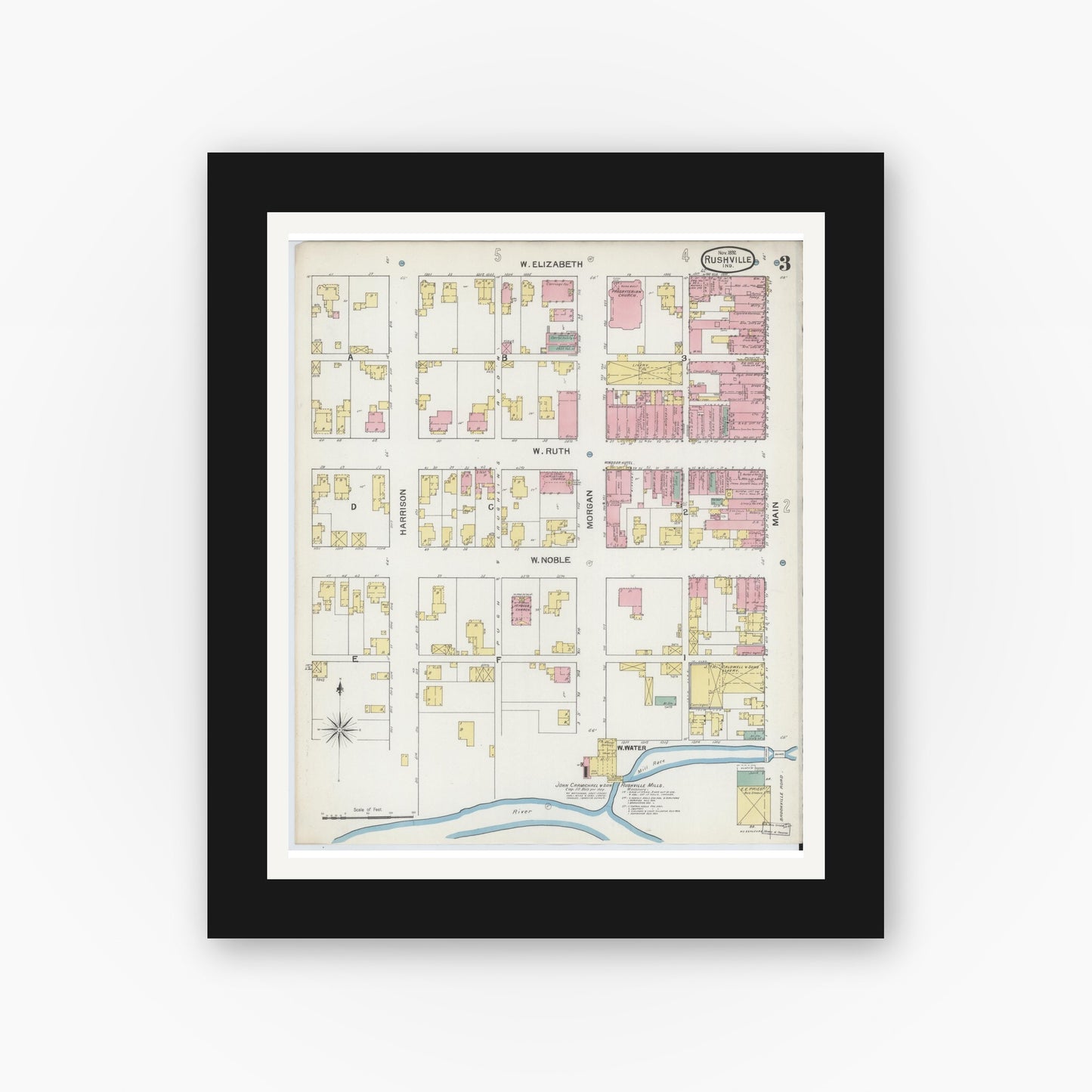 Old map wall art mockup — black gallery frame with white mat — Sanborn Fire Insurance Map from Rushville, Rush County, Indiana (1892), Sheet #0003