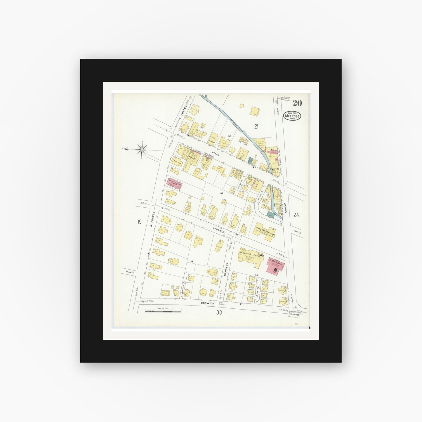 Old map wall art mockup — black gallery frame with white mat — Sanborn Fire Insurance Map from Melrose, Middlesex County, Massachusetts (1909), Sheet #0020