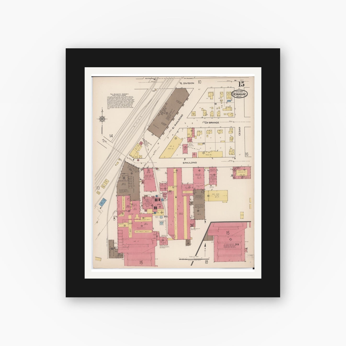 Old map wall art mockup — black gallery frame with white mat — Sanborn Fire Insurance Map from Dowagiac, Cass County, Michigan (1922), Sheet #0015