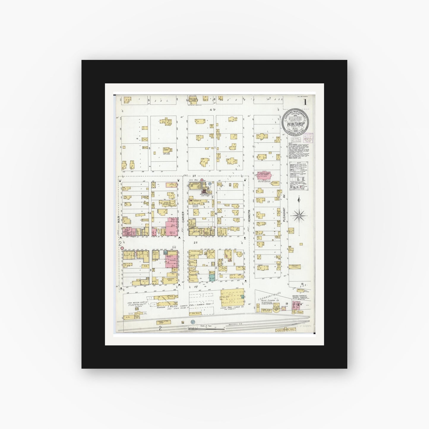 Old map wall art mockup — black gallery frame with white mat — Sanborn Fire Insurance Map from Winthrop, Sibley County, Minnesota (1905) - Complete Map Set