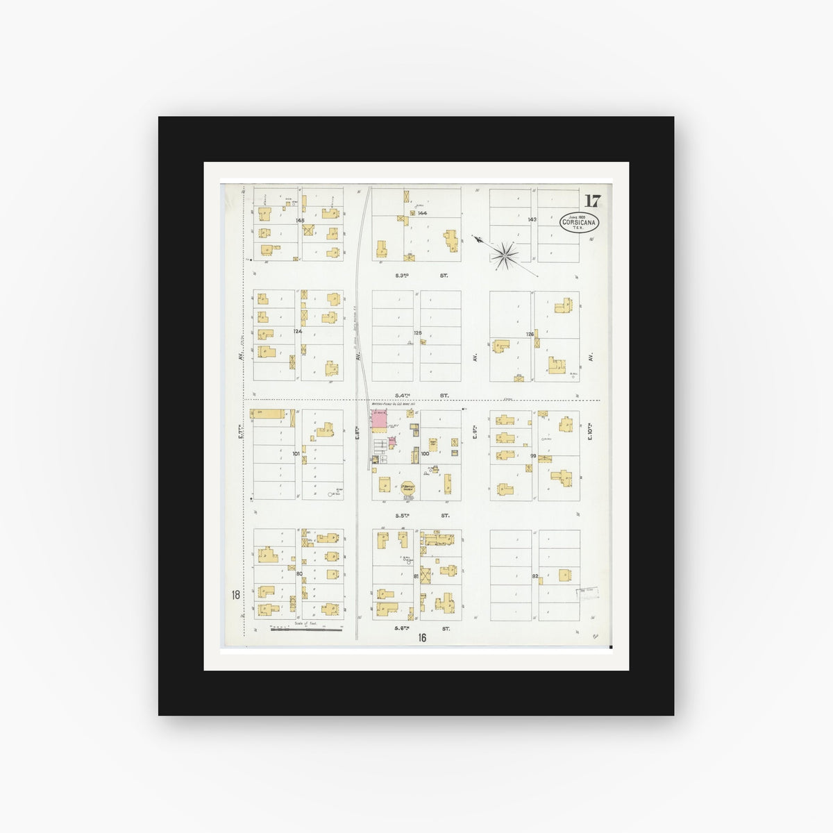 Old map wall art mockup — black gallery frame with white mat — Sanborn Fire Insurance Map from Corsicana, Navarro County, Texas (1905), Sheet #0017