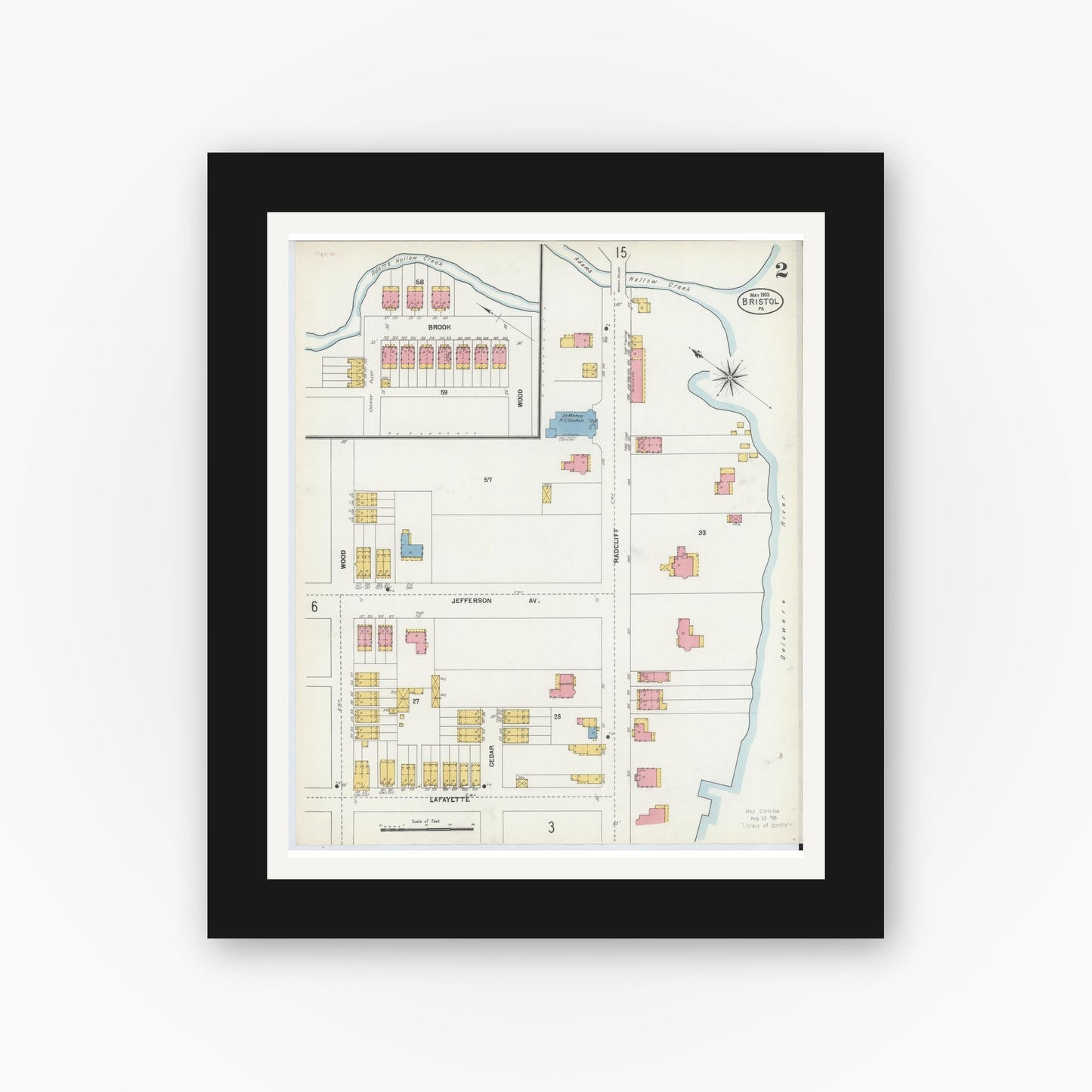 Old map wall art mockup — black gallery frame with white mat — Sanborn Fire Insurance Map from Bristol, Bucks County, Pennsylvania (1903), Sheet #0002
