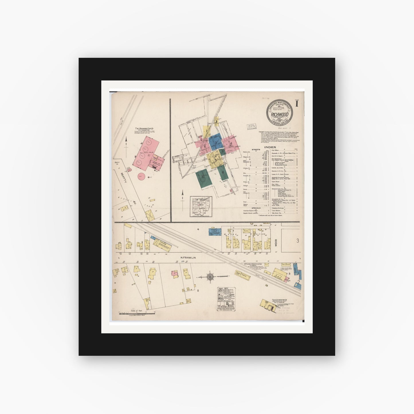 Old map wall art mockup — black gallery frame with white mat — Sanborn Fire Insurance Map from Richwood, Union County, Ohio (1921) - Complete Map Set