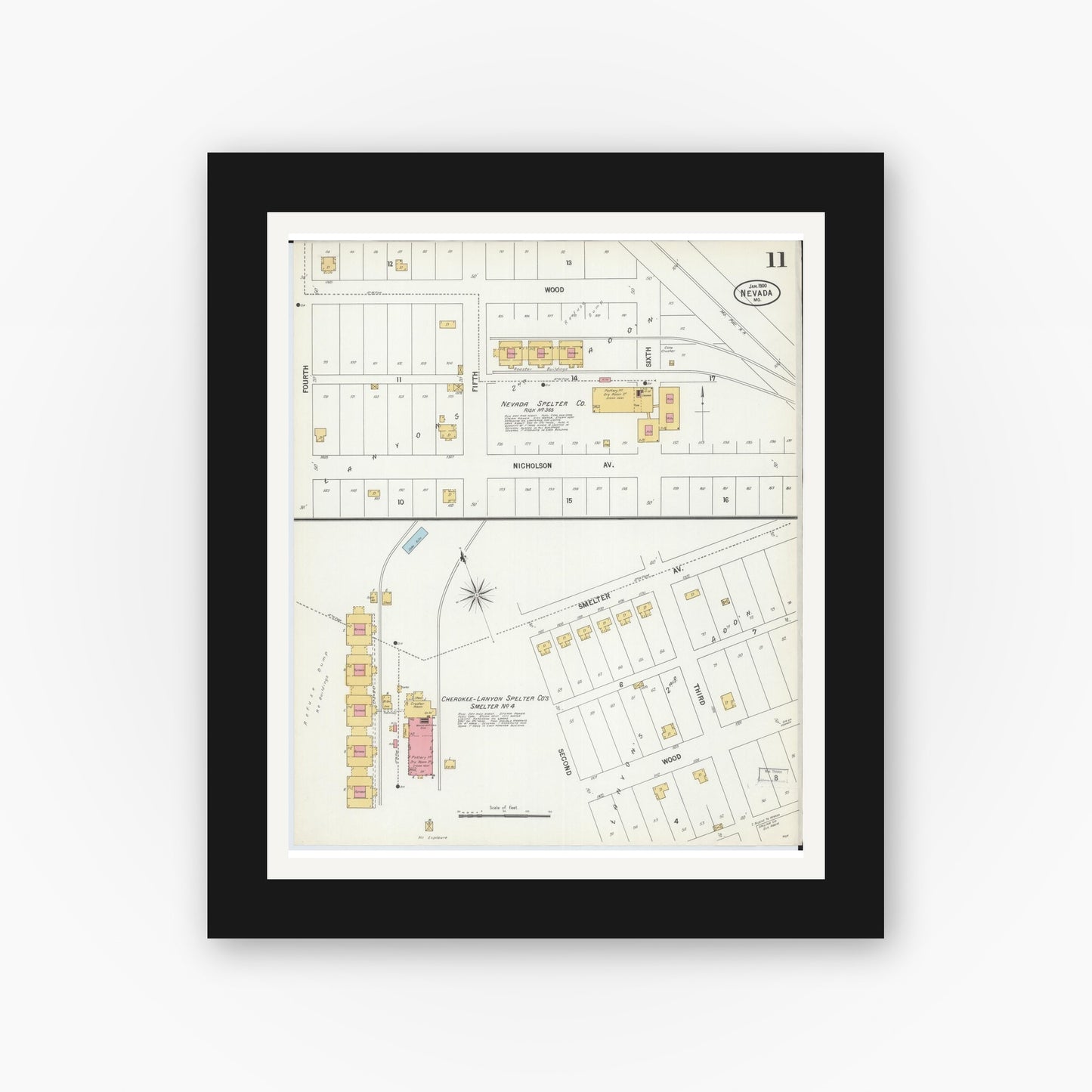 Old map wall art mockup — black gallery frame with white mat — Sanborn Fire Insurance Map from Nevada, Vernon County, Missouri (1900), Sheet #0011