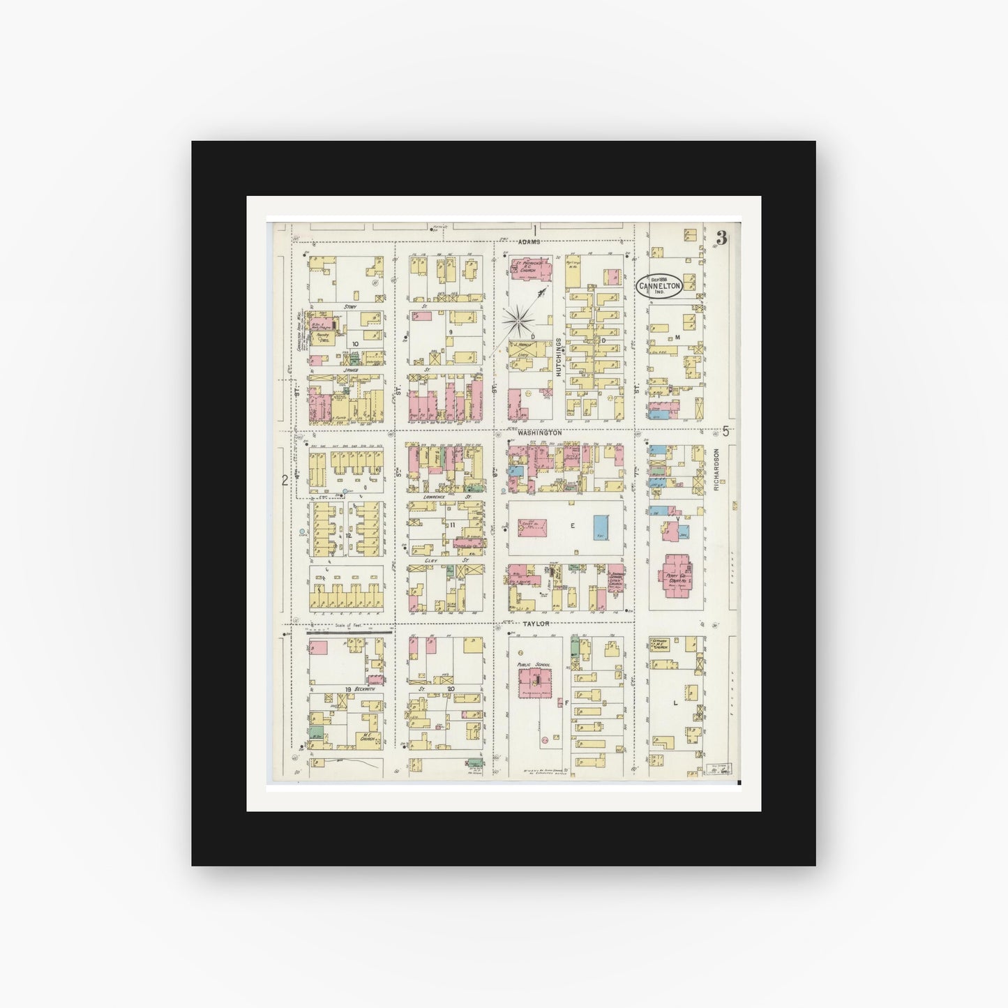 Old map wall art mockup — black gallery frame with white mat — Sanborn Fire Insurance Map from Cannelton, Perry County, Indiana (1898), Sheet #0003