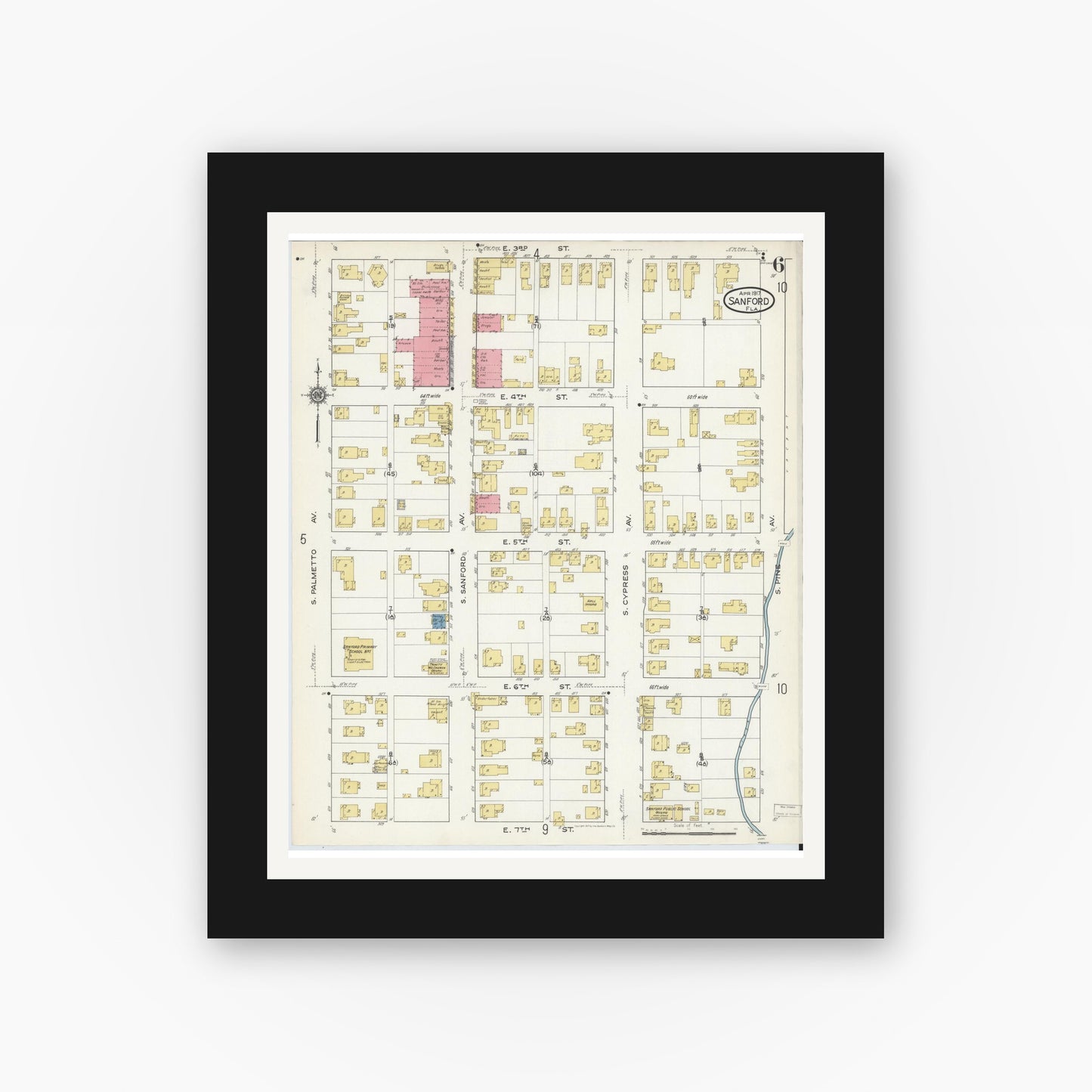 Old map wall art mockup — black gallery frame with white mat — Sanborn Fire Insurance Map from Sanford, Seminole County, Florida (1917), Sheet #0006