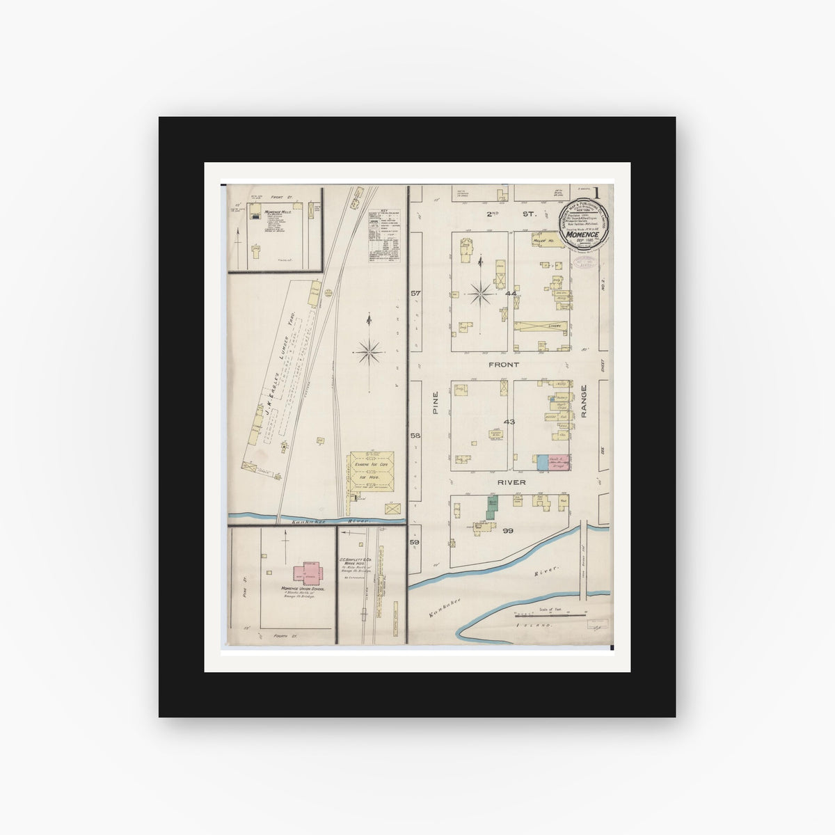 Old map wall art mockup — black gallery frame with white mat — Sanborn Fire Insurance Map from Momence, Kankakee County, Illinois (1885), Sheet #0001