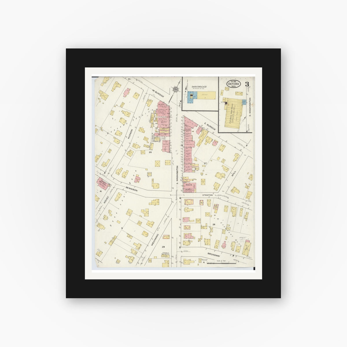 Old map wall art mockup — black gallery frame with white mat — Sanborn Fire Insurance Map from Oxford, Oakland County, Michigan (1915), Sheet #0003