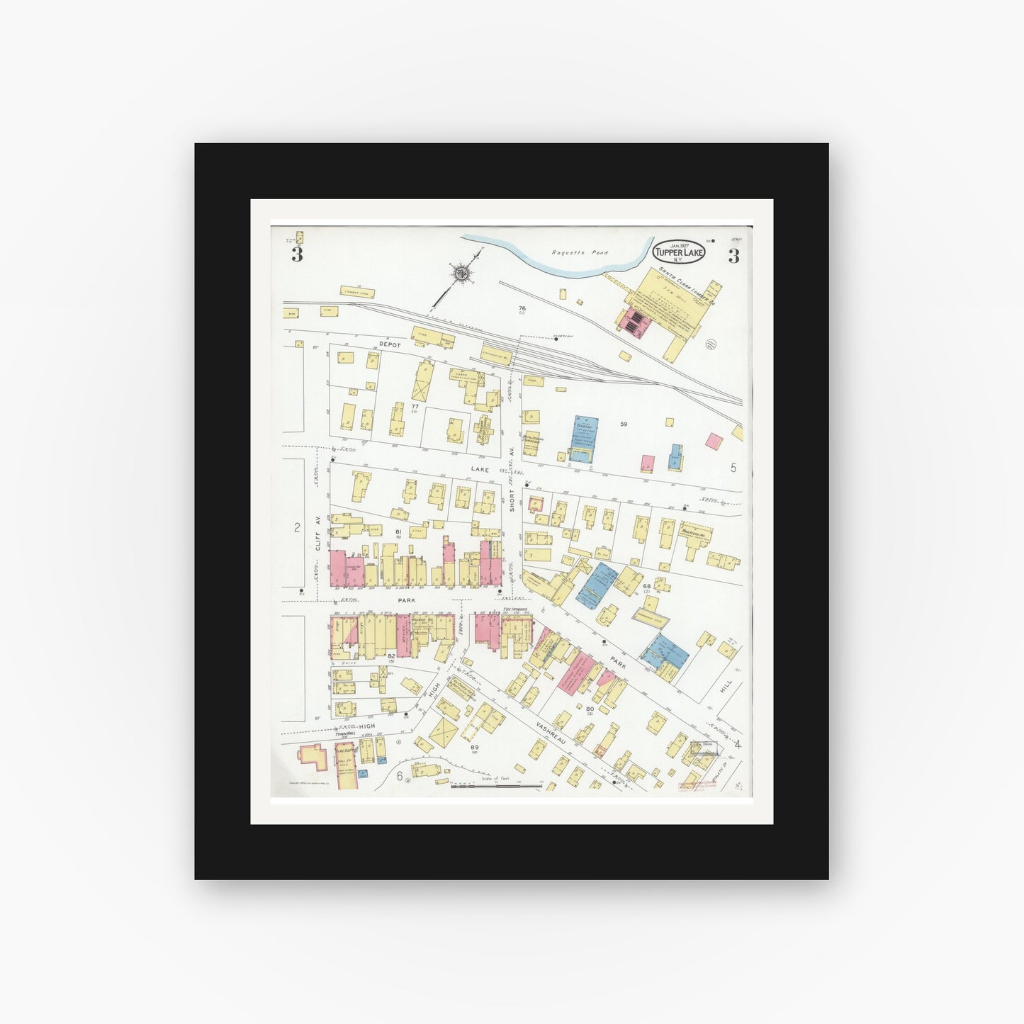 Old map wall art mockup — black gallery frame with white mat — Sanborn Fire Insurance Map from Tupper Lake, Franklin County, New York (1927), Sheet #0003