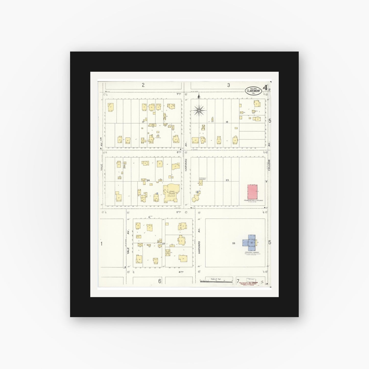 Old map wall art mockup — black gallery frame with white mat — Sanborn Fire Insurance Map from Claremont, Los Angeles County, California (1909), Sheet #0004