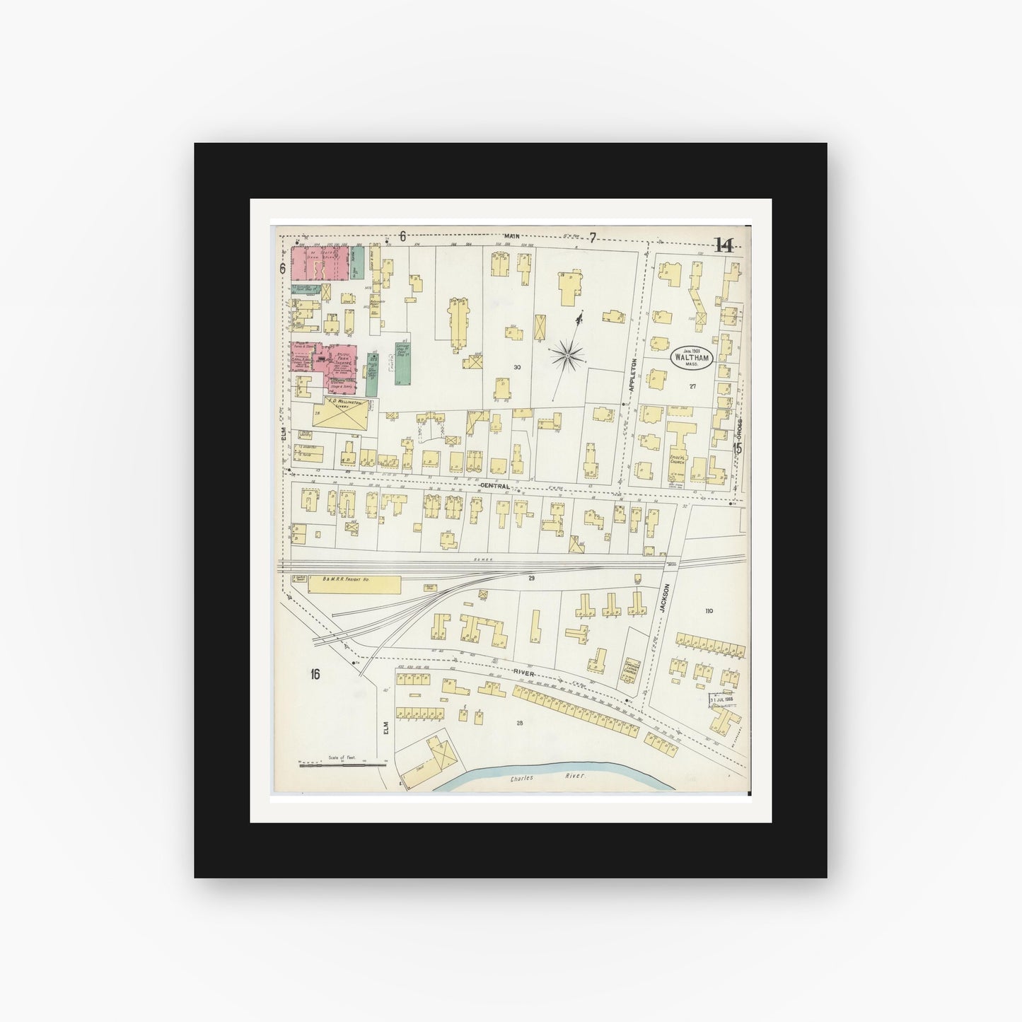 Old map wall art mockup — black gallery frame with white mat — Sanborn Fire Insurance Map from Waltham, Middlesex County, Massachusetts (1903), Sheet #0014