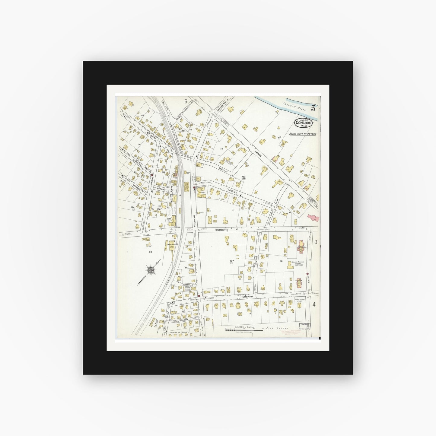 Old map wall art mockup — black gallery frame with white mat — Sanborn Fire Insurance Map from Concord, Middlesex County, Massachusetts (1918), Sheet #0005
