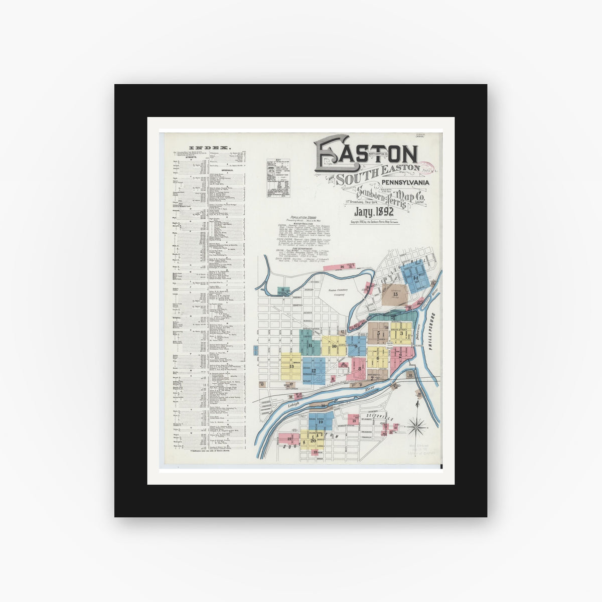 Old map wall art mockup — black gallery frame with white mat — Sanborn Fire Insurance Map from Easton, Northampton County, Pennsylvania (1892) - Complete Map Set