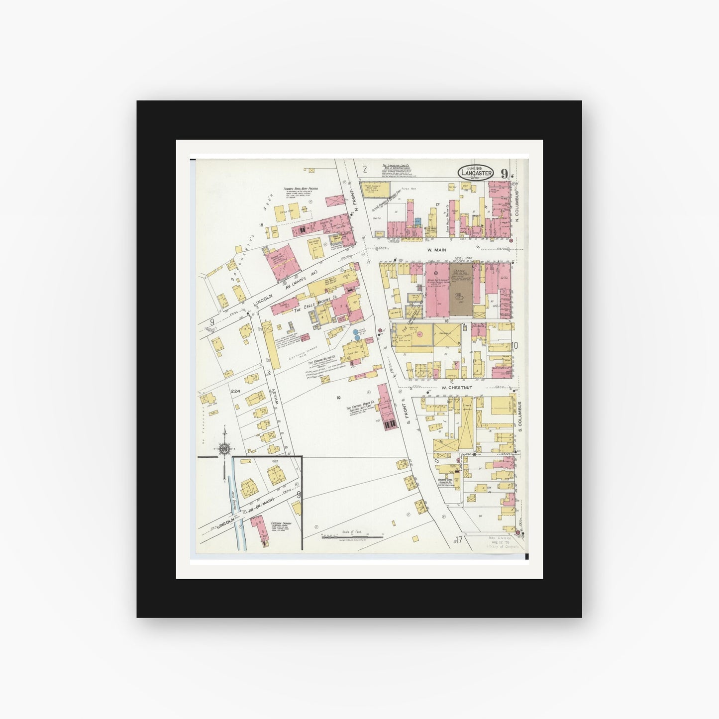 Old map wall art mockup — black gallery frame with white mat — Sanborn Fire Insurance Map from Lancaster, Fairfield County, Ohio (1919), Sheet #0009