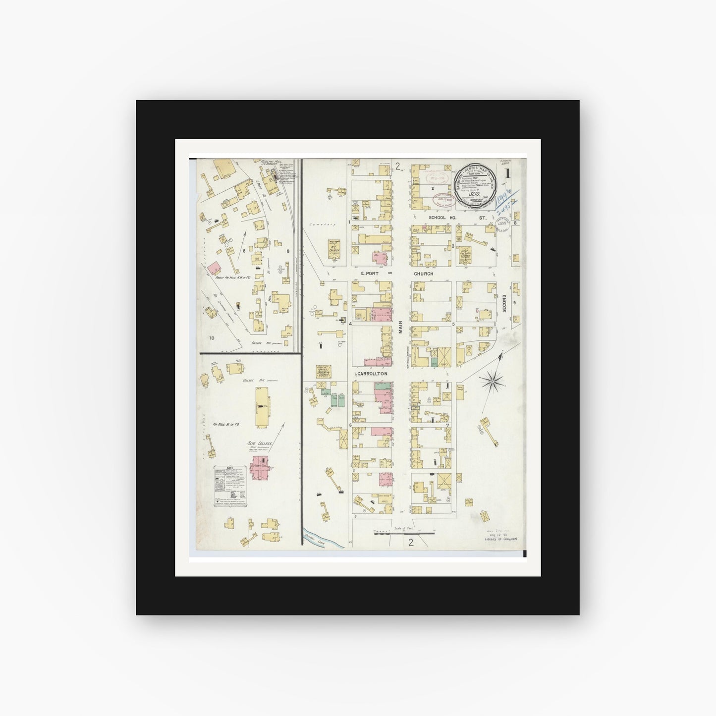 Old map wall art mockup — black gallery frame with white mat — Sanborn Fire Insurance Map from Scio, Harrison County, Ohio (1899), Sheet #0001