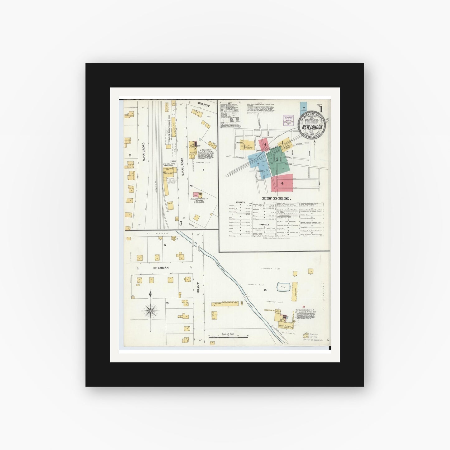 Old map wall art mockup — black gallery frame with white mat — Sanborn Fire Insurance Map from New London, Huron County, Ohio (1904) - Complete Map Set