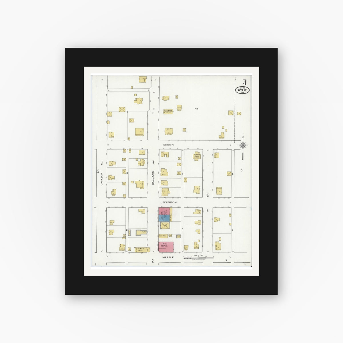 Old map wall art mockup — black gallery frame with white mat — Sanborn Fire Insurance Map from Wylie, Collin County, Texas (1921), Sheet #0004