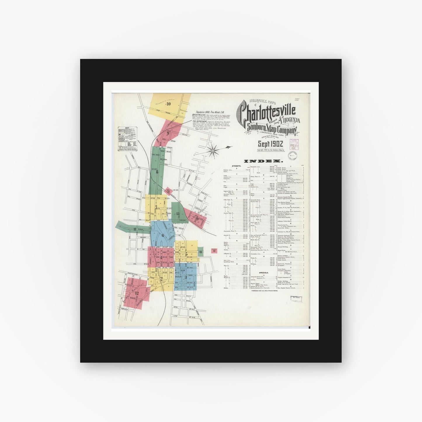 Old map wall art mockup — black gallery frame with white mat — Sanborn Fire Insurance Map from Charlottesville, Independent Cities, Virginia (1902) - Complete Map Set