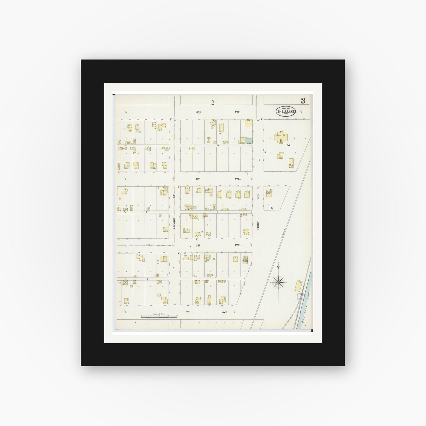 Old map wall art mockup — black gallery frame with white mat — Sanborn Fire Insurance Map from Shell Lake, Washburn County, Wisconsin (1898), Sheet #0003