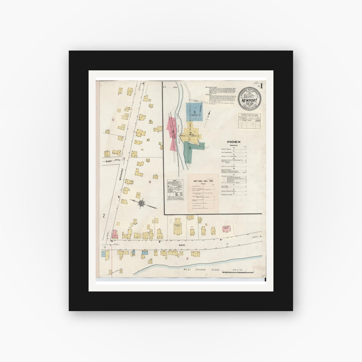 Old map wall art mockup — black gallery frame with white mat — Sanborn Fire Insurance Map from Newport, Herkimer County, New York (1938) - Complete Map Set