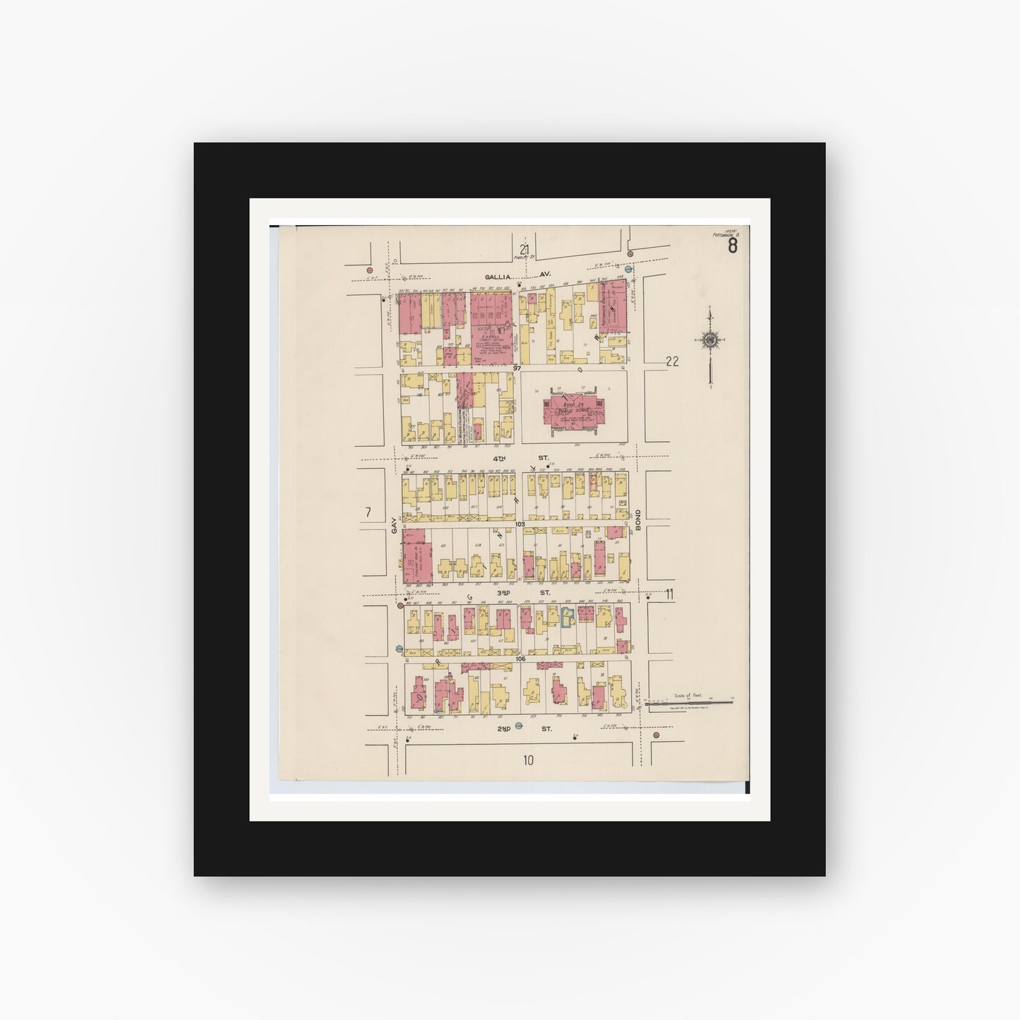 Old map wall art mockup — black gallery frame with white mat — Sanborn Fire Insurance Map from Portsmouth, Scioto County, Ohio (1921), Sheet #0008