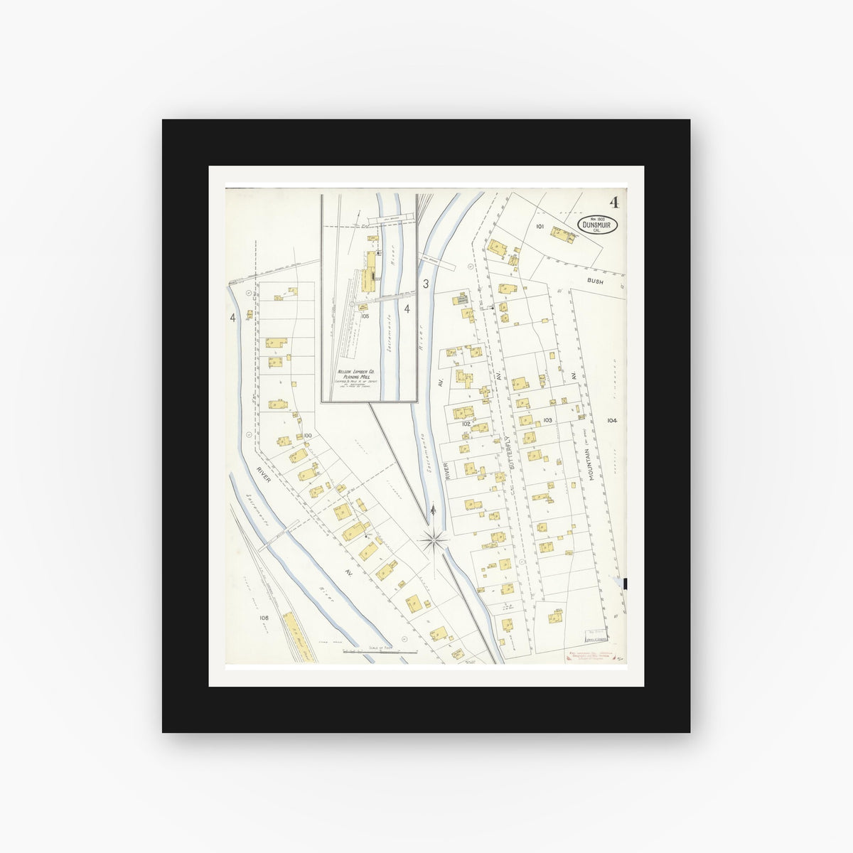 Old map wall art mockup — black gallery frame with white mat — Sanborn Fire Insurance Map from Dunsmuir, Siskiyou County, California (1903), Sheet #0004