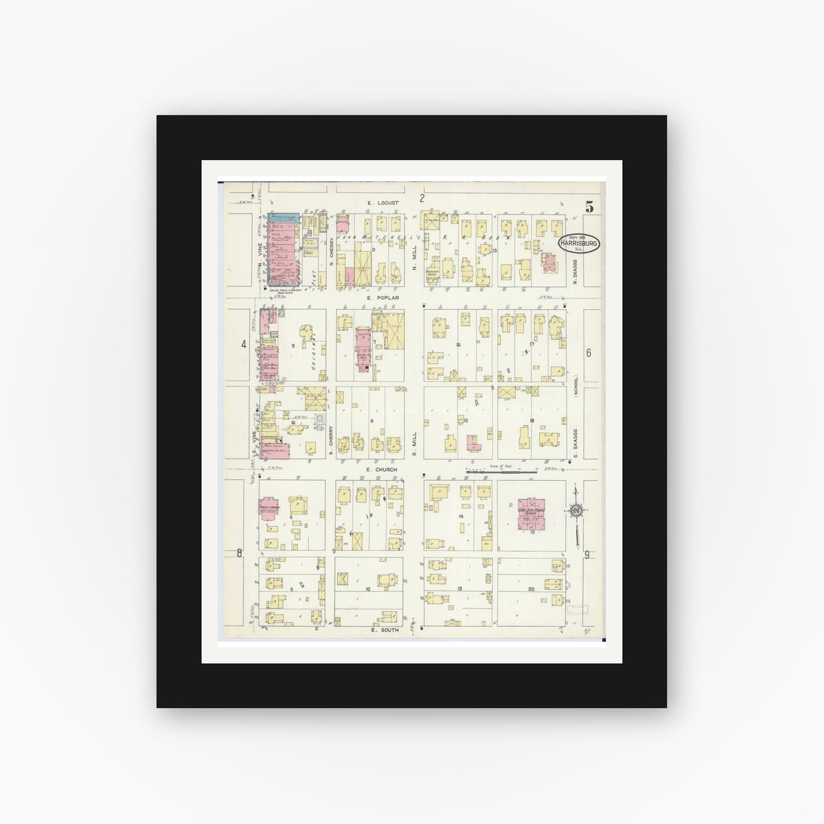 Old map wall art mockup — black gallery frame with white mat — Sanborn Fire Insurance Map from Harrisburg, Saline County, Illinois (1913), Sheet #0005