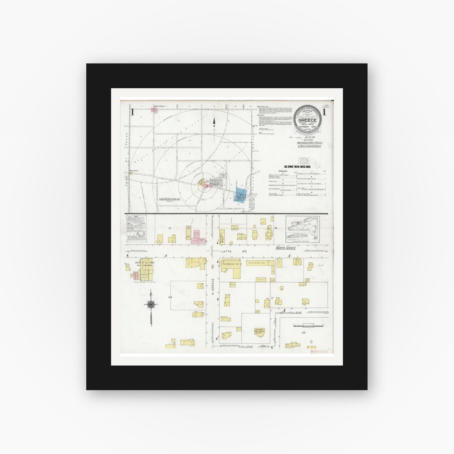 Old map wall art mockup — black gallery frame with white mat — Sanborn Fire Insurance Map from Greece, Monroe County, New York (1929), Sheet #0001