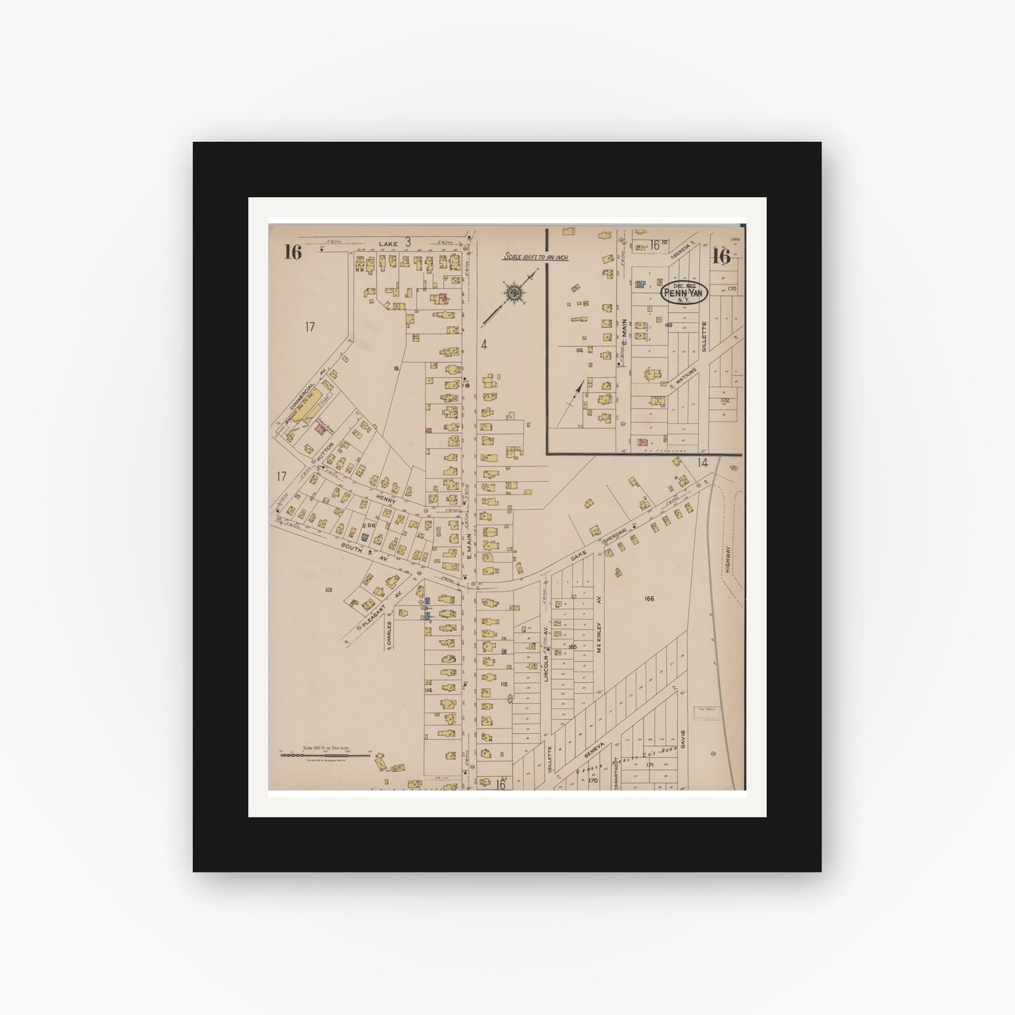 Old map wall art mockup — black gallery frame with white mat — Sanborn Fire Insurance Map from Penn Yan, Yates County, New York (1922), Sheet #0016