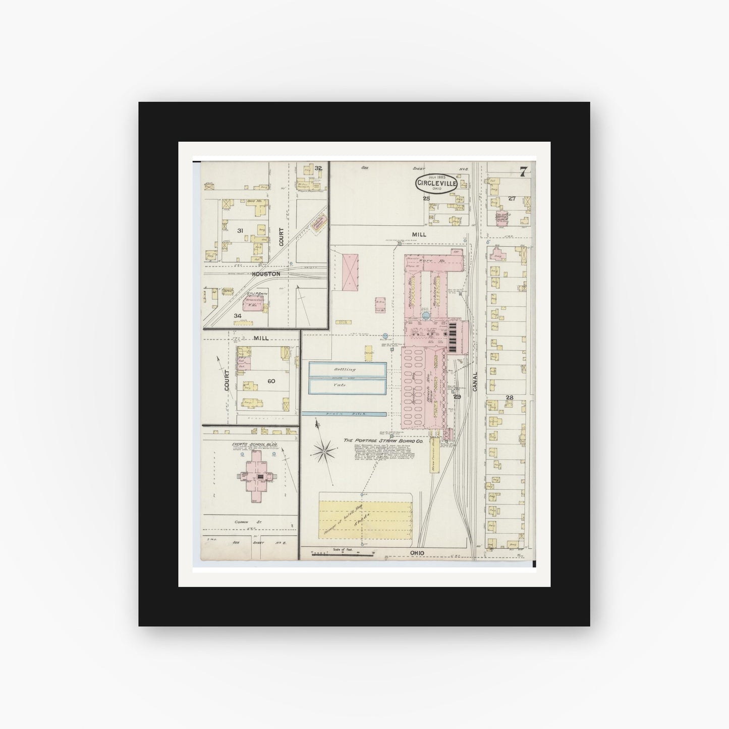Old map wall art mockup — black gallery frame with white mat — Sanborn Fire Insurance Map from Circleville, Pickaway County, Ohio (1889), Sheet #0007