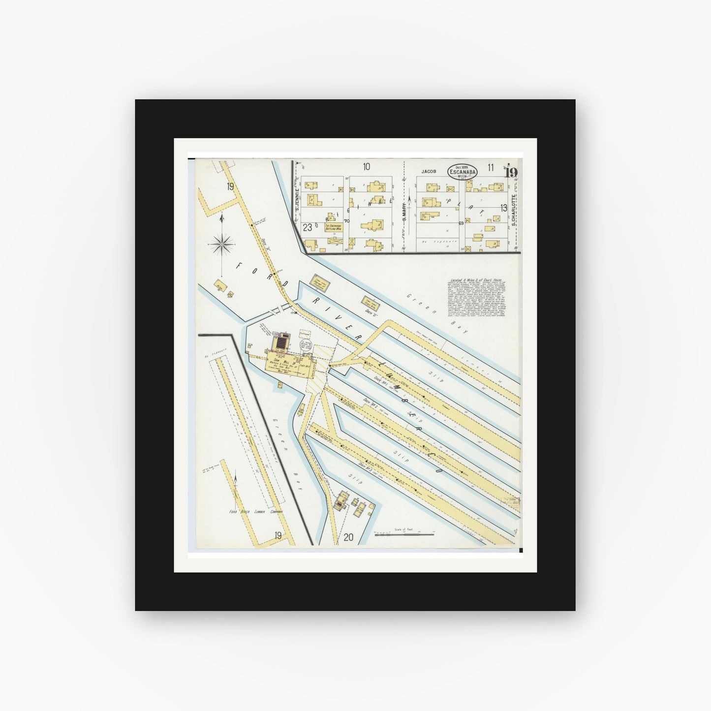 Old map wall art mockup — black gallery frame with white mat — Sanborn Fire Insurance Map from Escanaba, Delta County, Michigan (1899), Sheet #0019