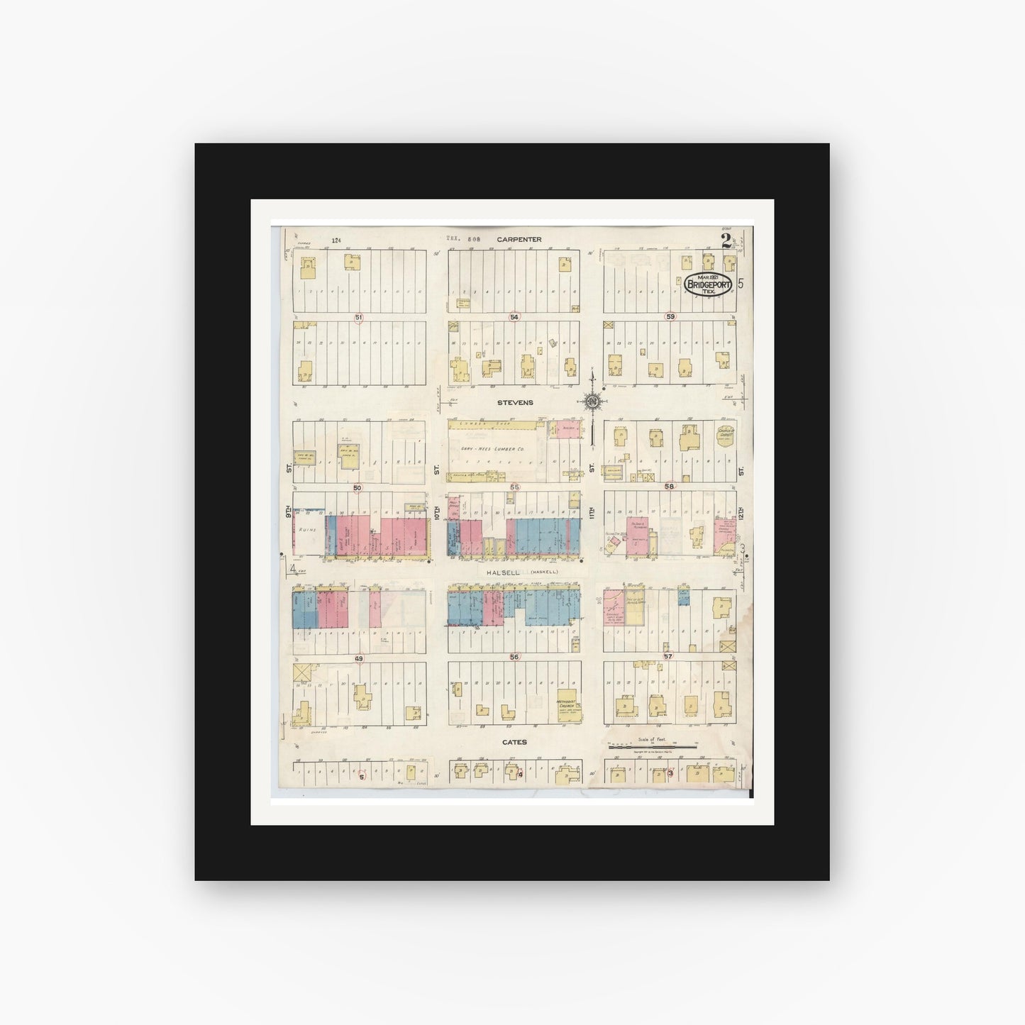 Old map wall art mockup — black gallery frame with white mat — Sanborn Fire Insurance Map from Bridgeport, Wise County, Texas (1944), Sheet #0002