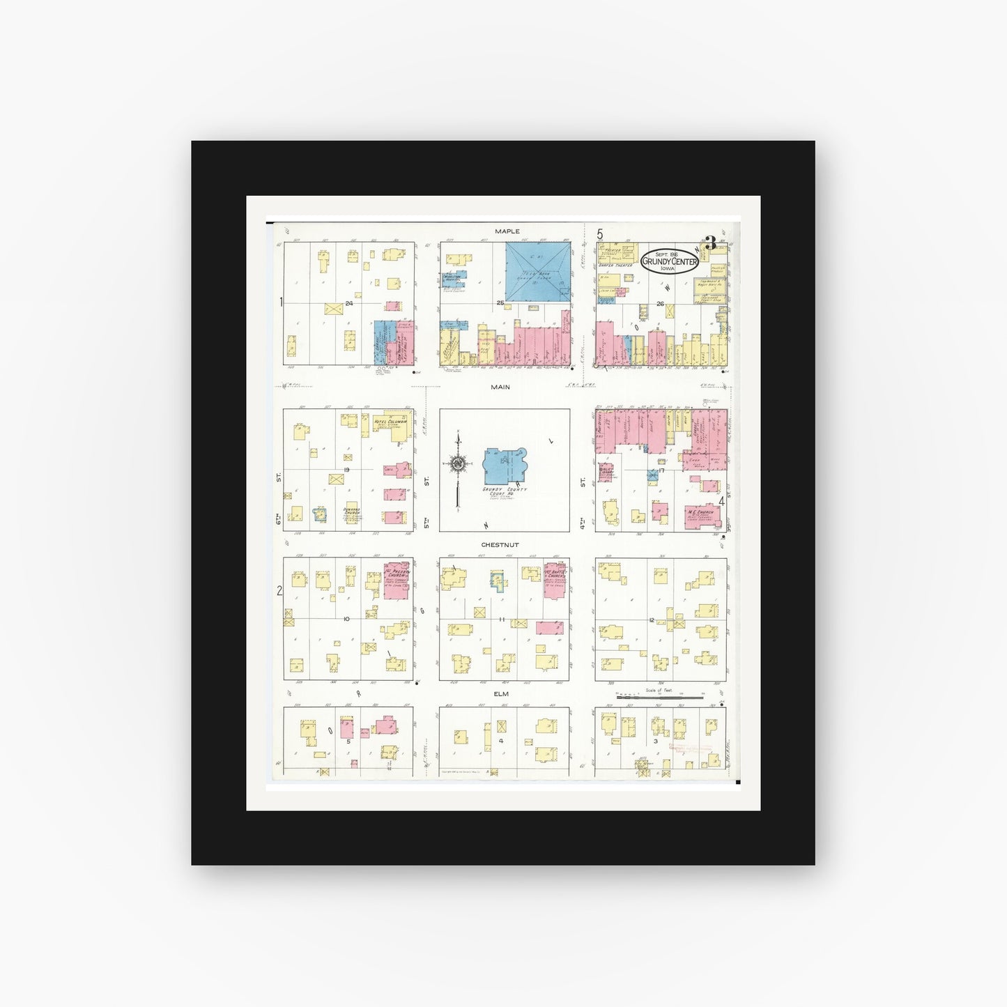 Old map wall art mockup — black gallery frame with white mat — Sanborn Fire Insurance Map from Grundy Center, Grundy County, Iowa (1916), Sheet #0003