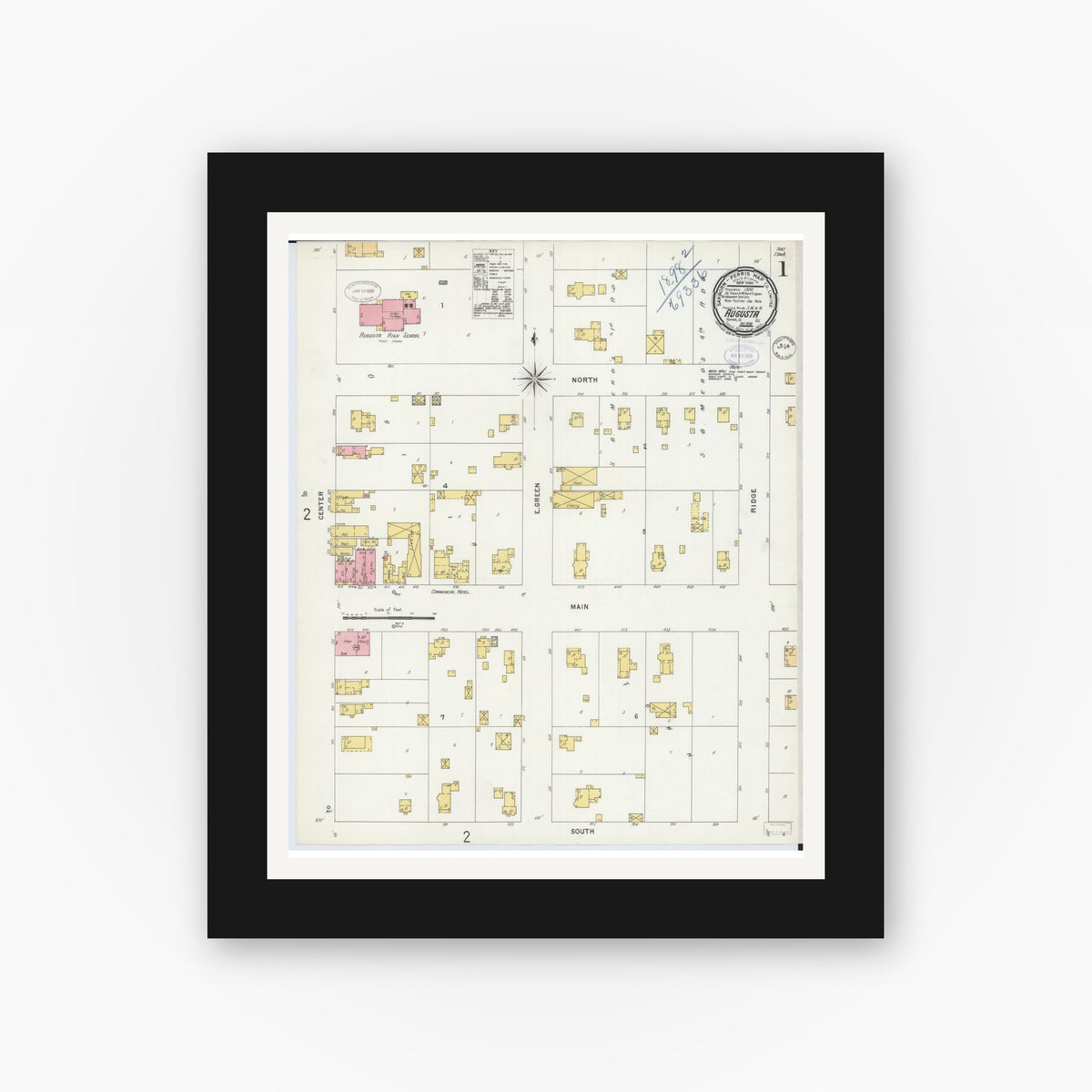 Old map wall art mockup — black gallery frame with white mat — Sanborn Fire Insurance Map from Augusta, Hancock County, Illinois (1898) - Complete Map Set