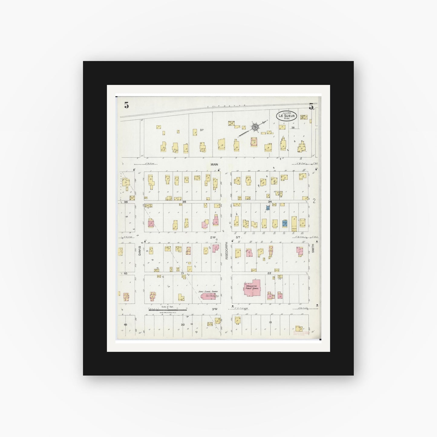 Old map wall art mockup — black gallery frame with white mat — Sanborn Fire Insurance Map from Le Sueur, Le Sueur County, Minnesota (1924), Sheet #0005