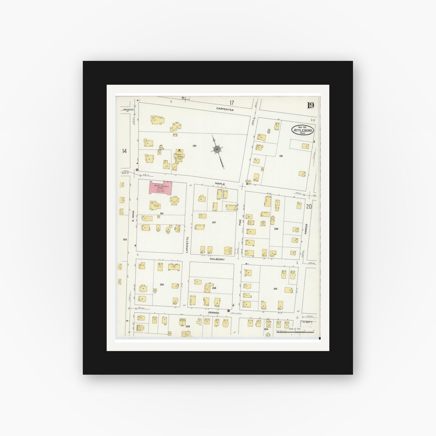 Old map wall art mockup — black gallery frame with white mat — Sanborn Fire Insurance Map from Attleboro, Bristol County, Massachusetts (1911), Sheet #0019