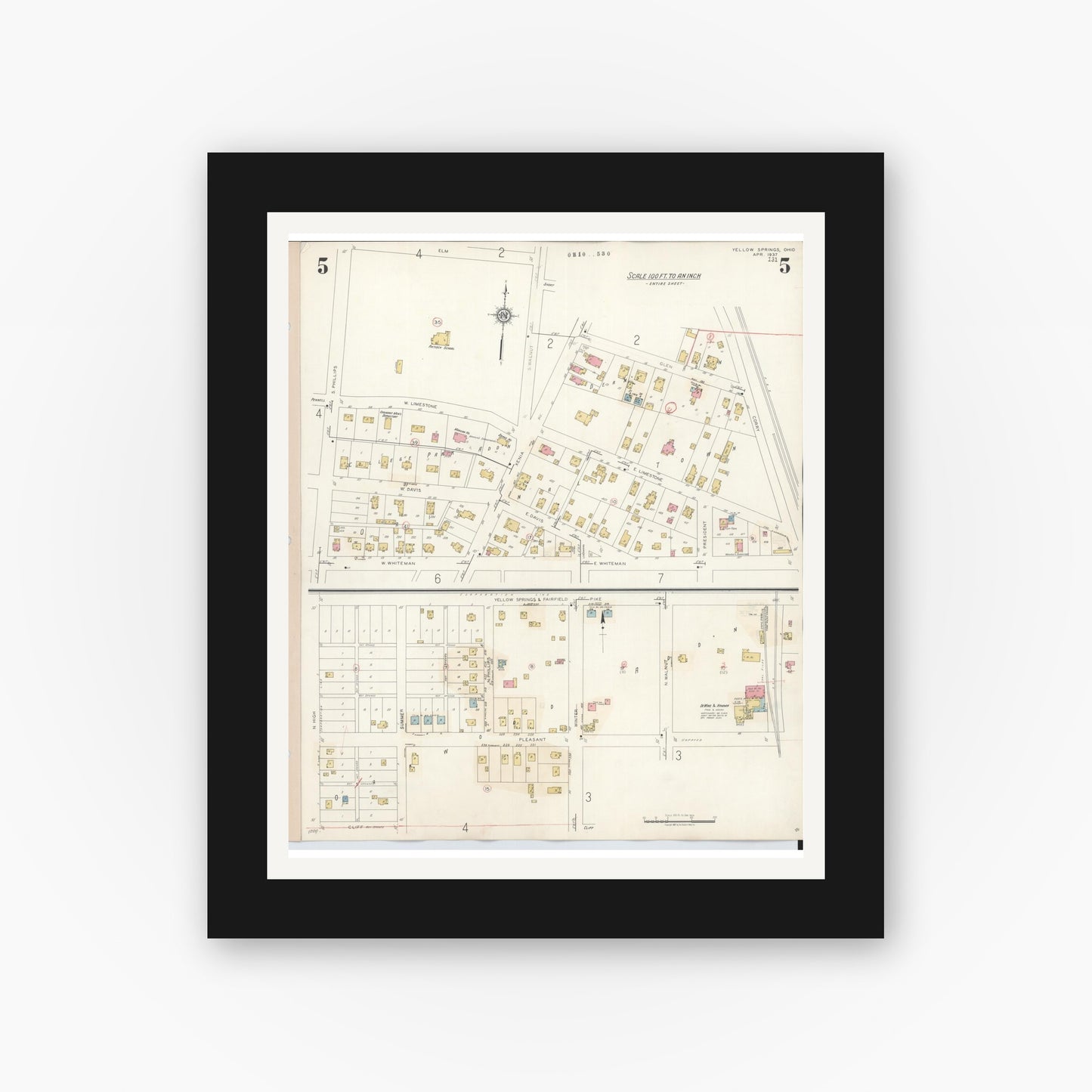 Old map wall art mockup — black gallery frame with white mat — Sanborn Fire Insurance Map from Yellow Springs, Greene County, Ohio (1945), Sheet #0005