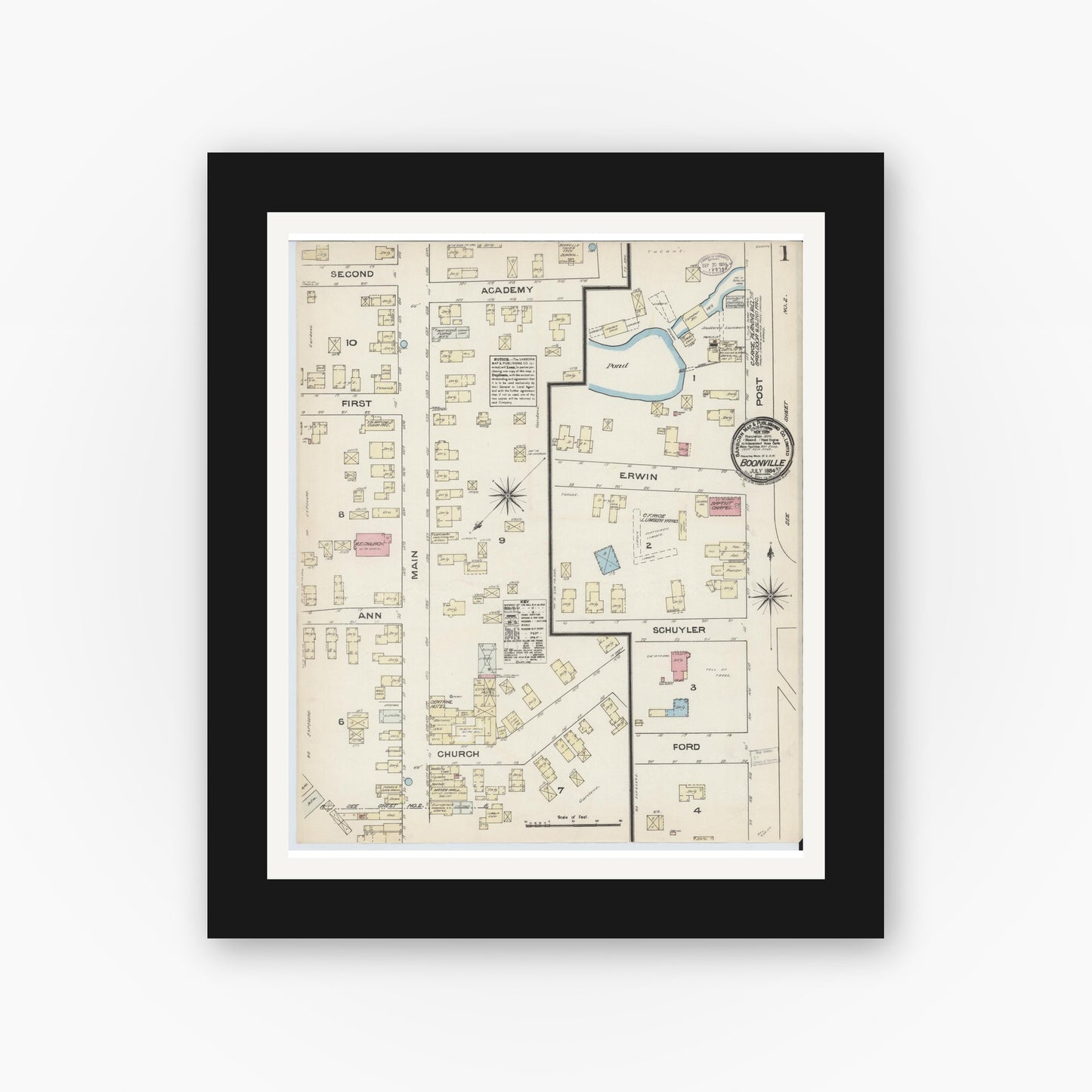 Old map wall art mockup — black gallery frame with white mat — Sanborn Fire Insurance Map from Boonville, Oneida County, New York (1884), Sheet #0001