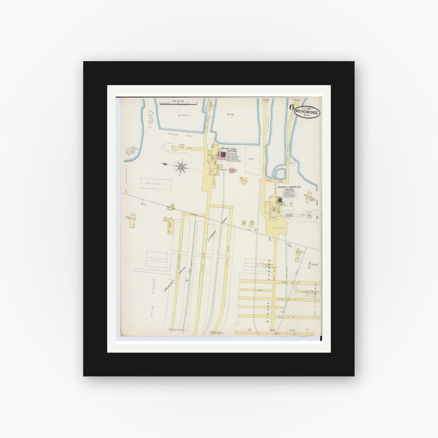 Old map wall art mockup — black gallery frame with white mat — Sanborn Fire Insurance Map from Menominee, Menominee County, Michigan (1887), Sheet #0006
