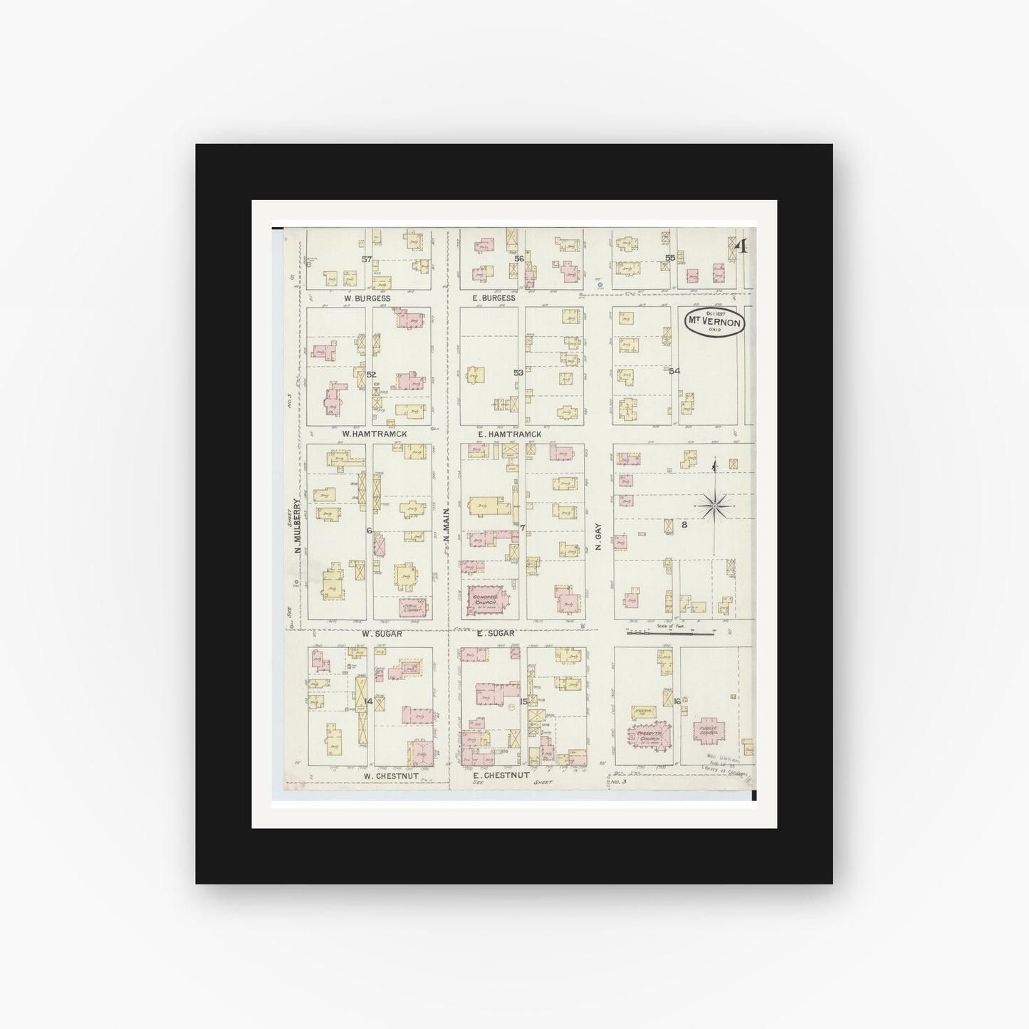 Old map wall art mockup — black gallery frame with white mat — Sanborn Fire Insurance Map from Mount Vernon, Knox County, Ohio (1887), Sheet #0004